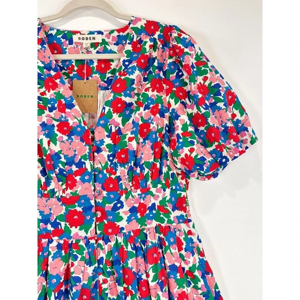 NEW Boden Midi Dress Pink Lillian Cotton Floral V Neck Puff Sleeve Boho US 10